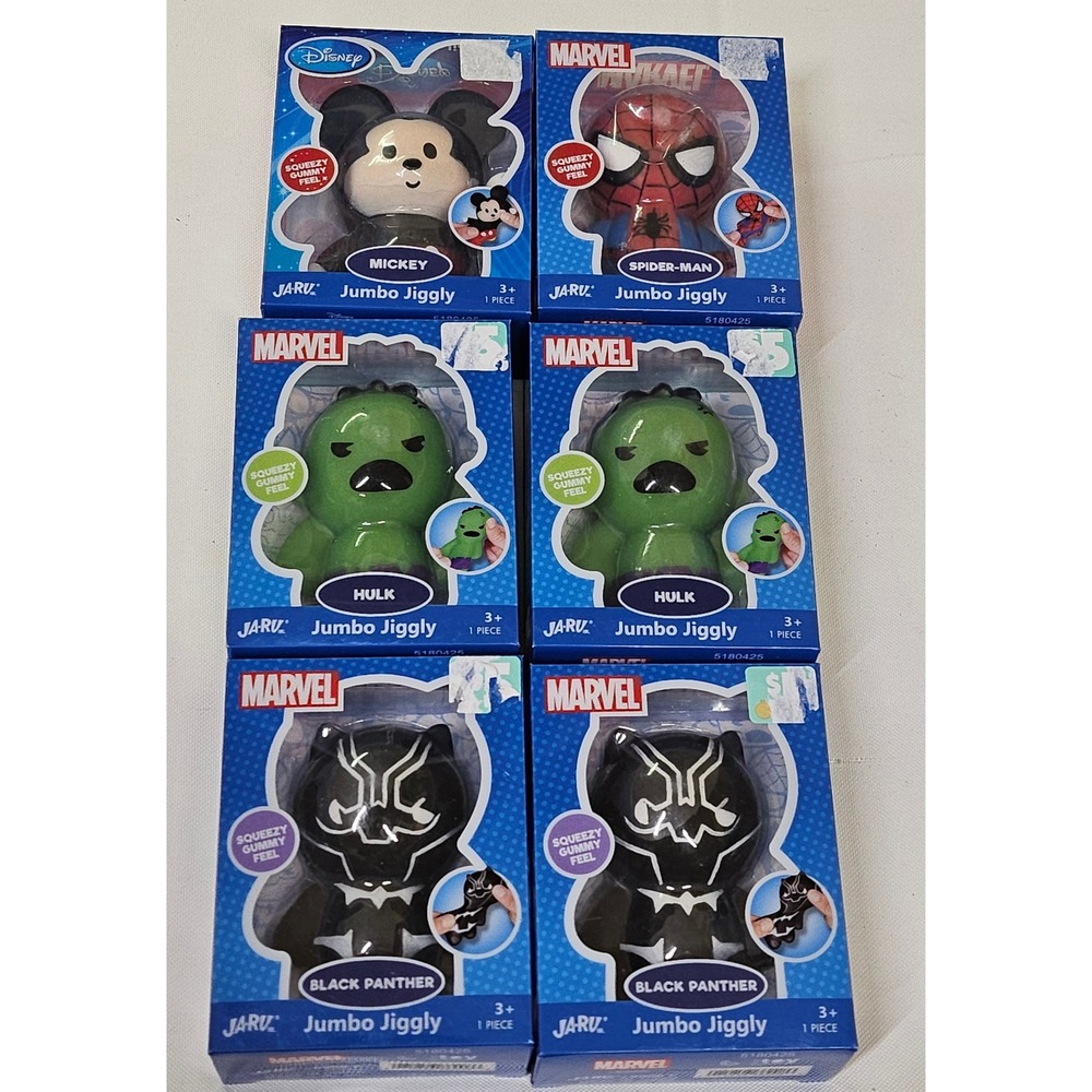 Ja-Ru Jumbo Jiggly Disney Marvel Squeeze Toys Mickey Spider-Man Hulk 6 Pack NEW‎